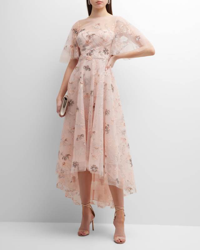 High-Low Floral-Embroidered Tulle Gown